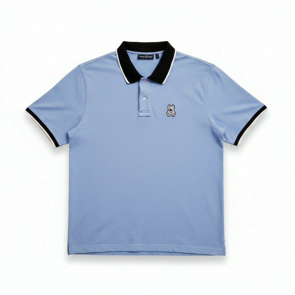Psycho Bunny Blue Pima Cotton Short Sleeve Tipped Trim Polo Shirt, Size 9